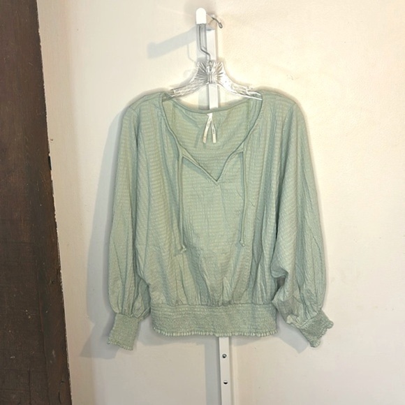 Anthropologie Rebecca Long Sleeve Smocked Waist Peasant Top Mint Green Size Med - Picture 3 of 7
